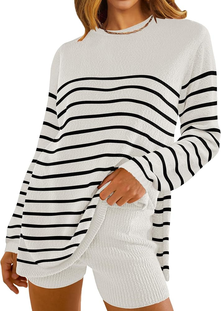 NENONA Women's Striped Sweater Sets Two Piece Comfy Fall Outfits Long Sleeve Casual Knitted Tops ... | Amazon (US)
