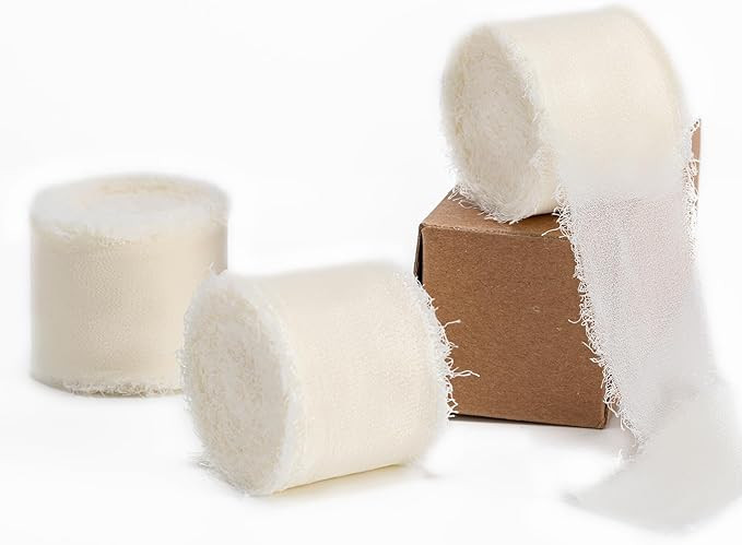 Ivory Handmade Chiffon Ribbon,1.5Inch x 3 Rolls Total 24 Yards Ivory Fringe Chiffon Silk Ribbon,f... | Amazon (US)