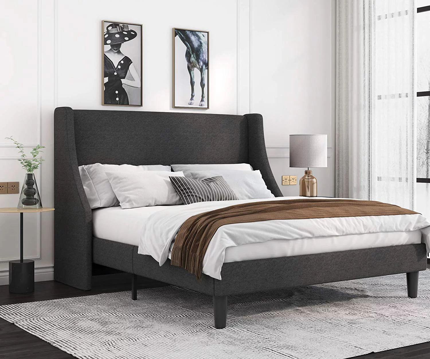 Allewie Full Size Fabric Upholstered Platform Bed Frame with Wingback Headboard, Dark Grey - Walm... | Walmart (US)