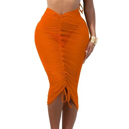 Canrulo Womens Drawstring Ruched Bodycon Beach Midi Skirt Sheer Mesh See Through Swimsuit Cover Up O | Walmart (US)
