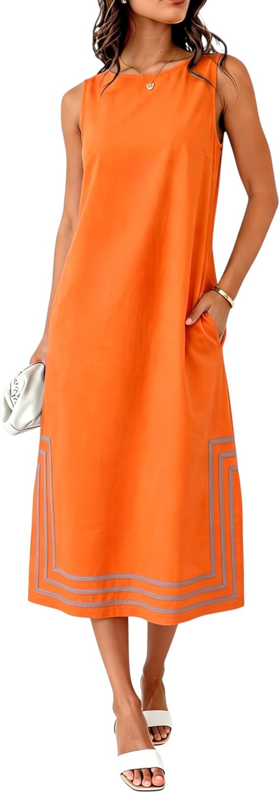Womens Boho Linen Maxi Dress Sleeveless Split Sundress Color Block A-Line Coverups Beach Vacation... | Amazon (US)