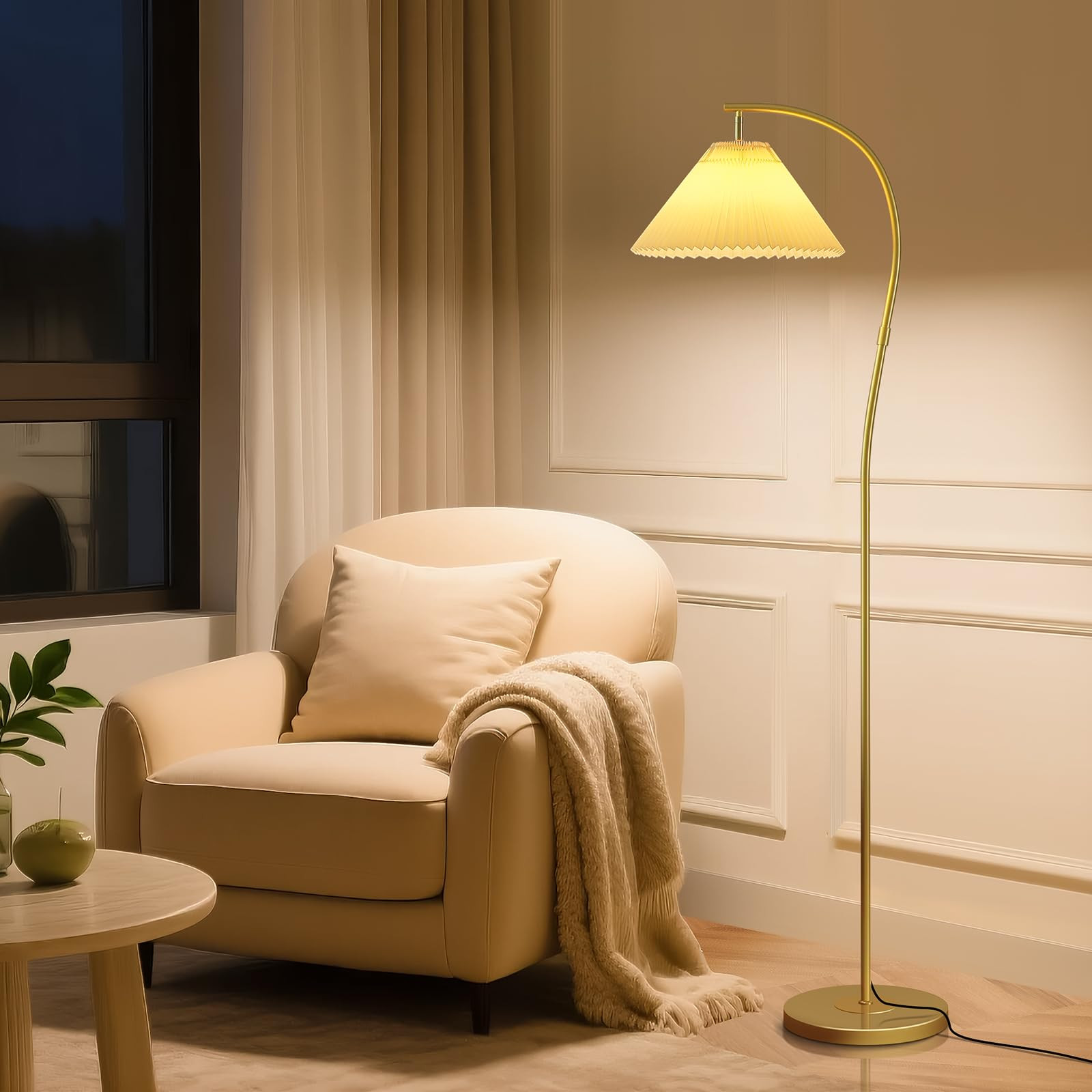 Unique Arc Floor Lamp, Bright 12W Three-Color Dimming, 14-inch Pleated Lampshade, Brass Gold Ligh... | Amazon (US)