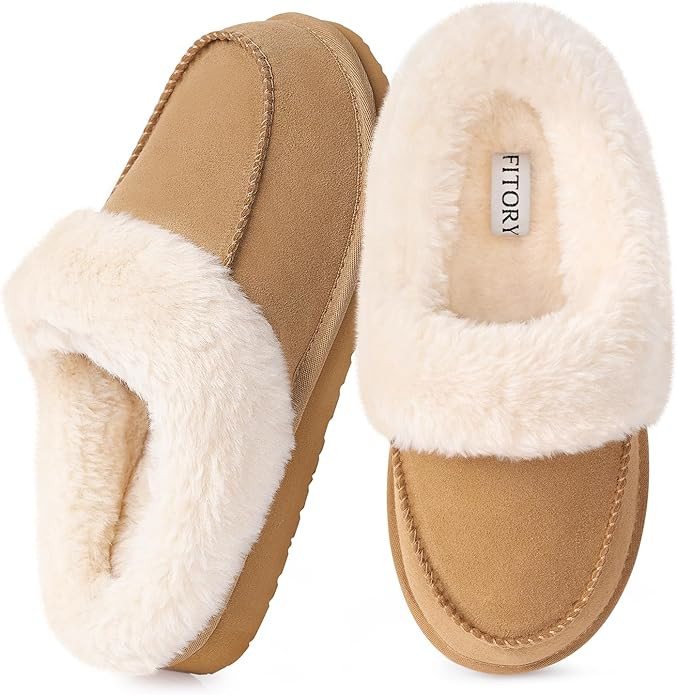 FITORY Women's Suede Slipper, Flat Slip On House Shoes with Faux Fur Lining Indoor Outdoor Short ... | Amazon (US)