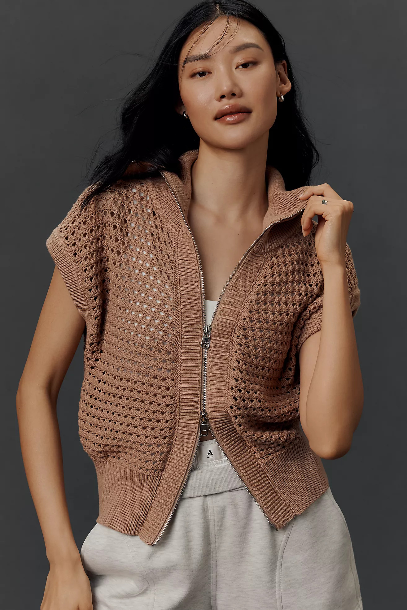 Varley Liliana Short-Sleeve Front-Zip Knit Top | Anthropologie (US)