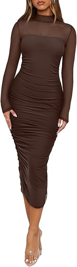 REORIA Women's Fall Mesh Long Sleeve Midi Ruched Bodycon Dress Mock Neck Elegant Club Evening Par... | Amazon (US)