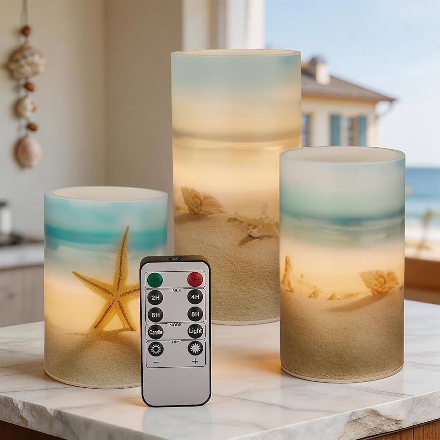 Beach Flameless LED Candles with Remote and Timer, Seashell & Starfish Pillar Unscented Real Wax,... | Amazon (US)