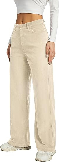 Women's Corduroy Loose Mid Rise Pant Casual Fall Straight Leg Elastic Waist Pants with Pockets | Amazon (US)