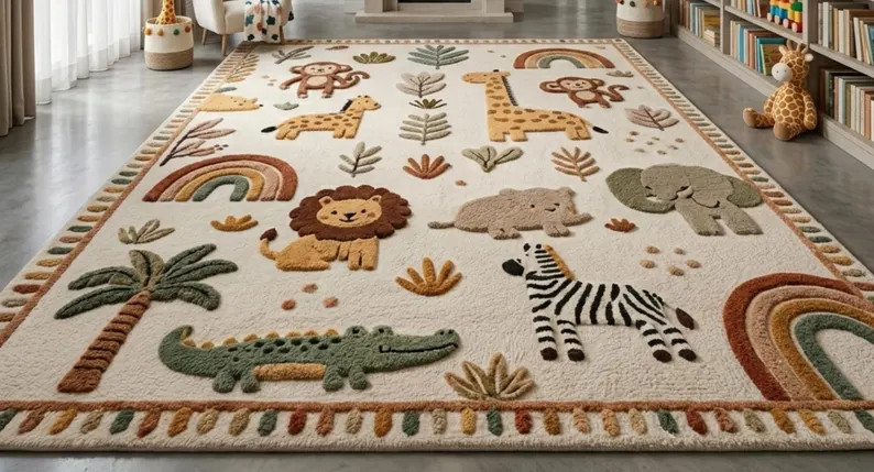Hand Tufted Wool Safari Animals Kids Rug, Playroom Carpet Nursery D\u00e9cor - Etsy UK | Etsy (Global)