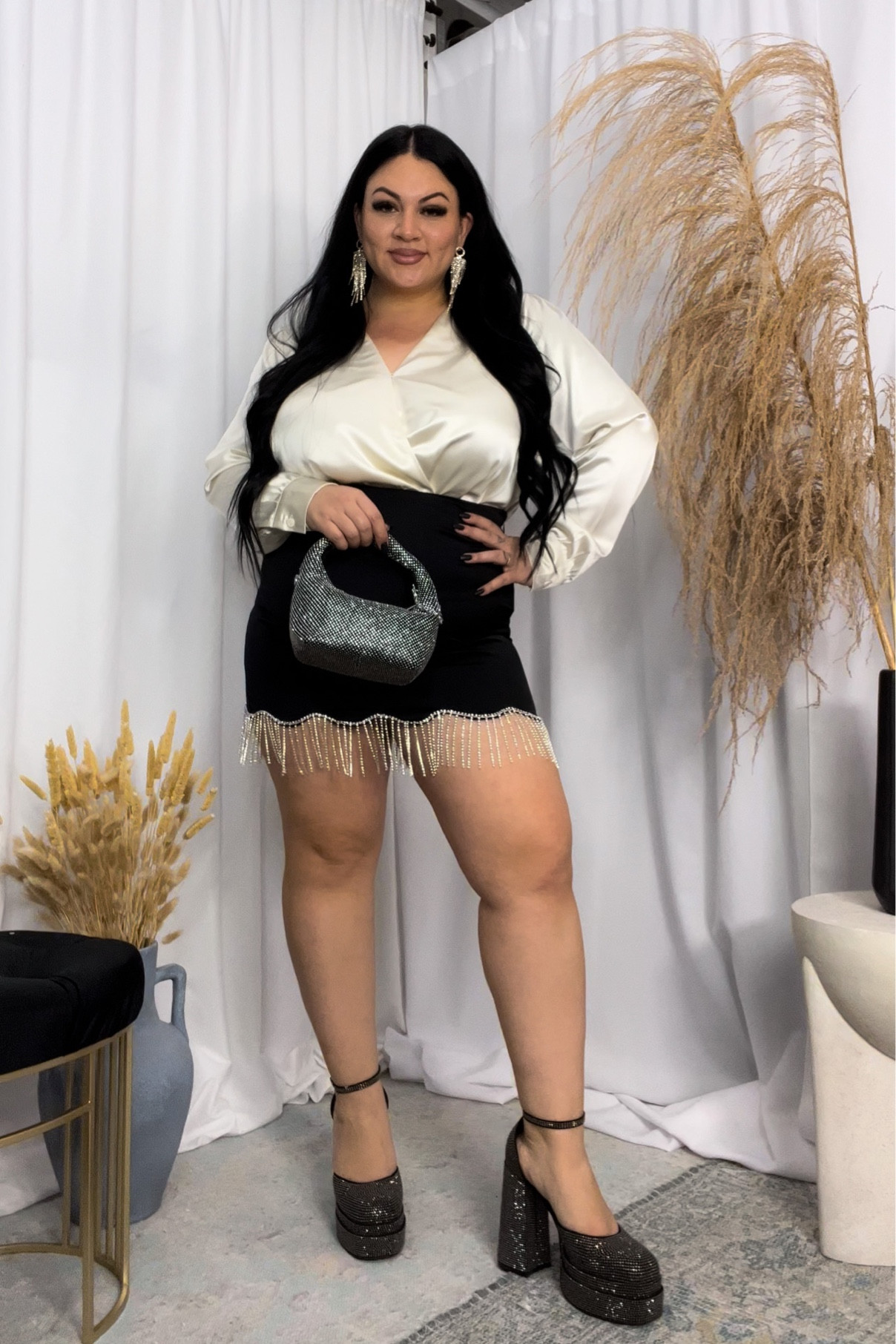 Size up in the skirt, I’m wearing a 0x and it’s a bit tight. The top is a 0x and fits great. The heels are also wide fit friendly even though they’re not wide fit  

#LTKshoecrush #LTKcurves #LTKHoliday
