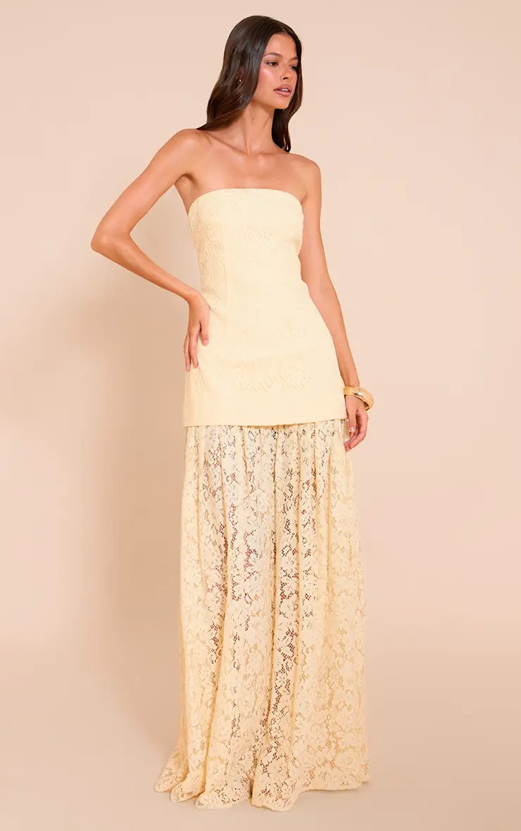 Lemon Lace Sheer Skirt Panel Bandeau Midaxi Dress | PrettyLittleThing UK