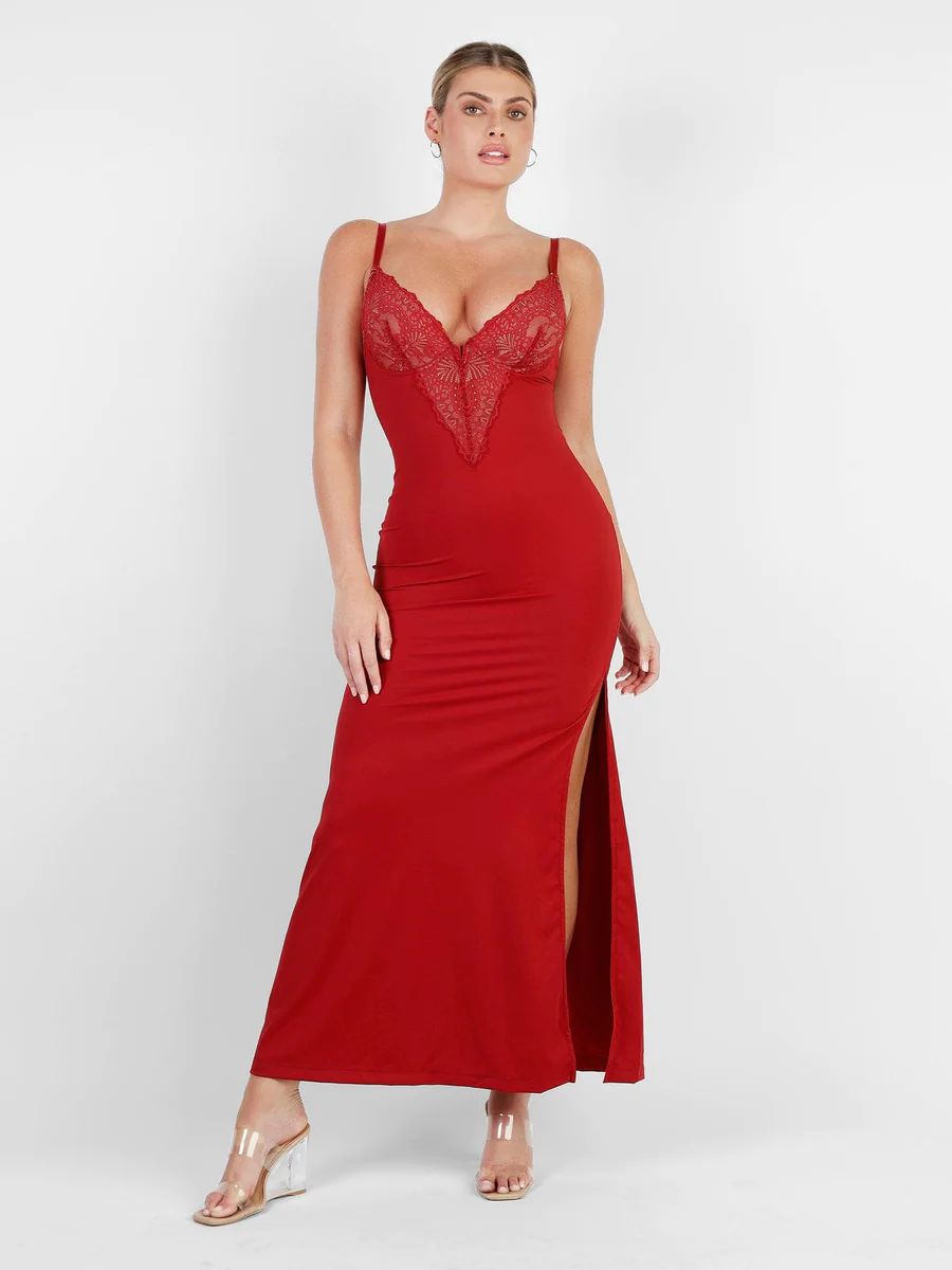 Built-In Shapewear Lace Slip Split Maxi Dress | Popilush