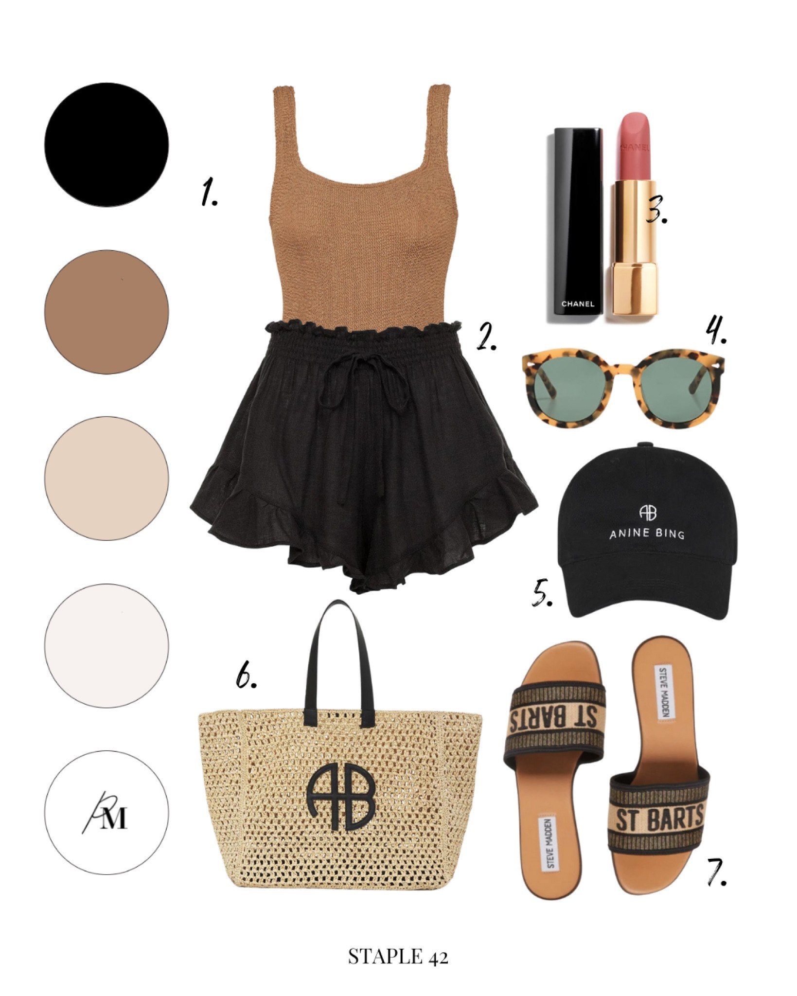everything but water classic squareneck swimsuit 
montce boho short 
chanel lipstick 
sunglasses
anine bing baseball hat 
anine bing tote bag 

#LTKSeasonal #LTKFind #LTKswim