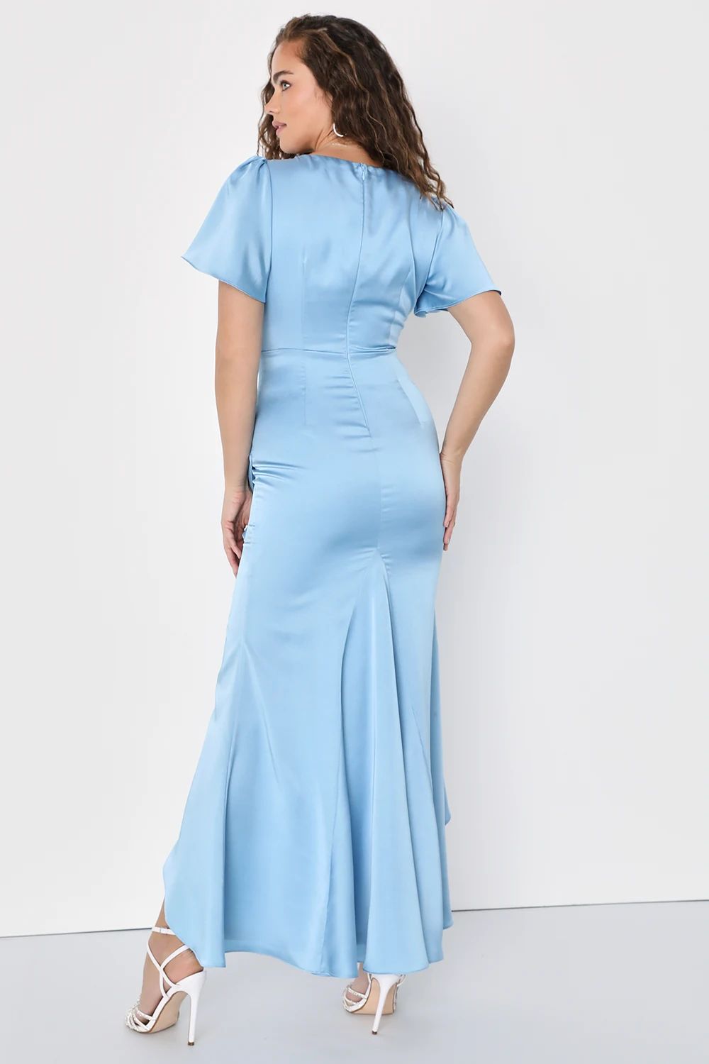 Eternal Bond Light Blue Satin Ruffled Flutter Sleeve Maxi Dress | Lulus (US)