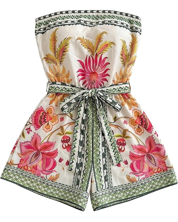 Amazon.com: Floerns Women's Boho Floral Strapless Jumpsuit Sleeveless Vacation Short Belted Rompe... | Amazon (US)