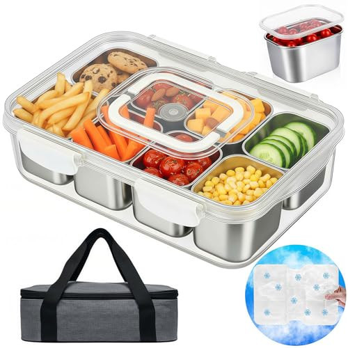 Snackle Box Container with Ice Pack Stainless Steel,Portable Snack Boxes with Lid and Insulated Bag,8 Compartment Snackle Storage Divided Serving Tray Beach Road Trip Picnic for Fruit Charcuterie | Amazon (US)