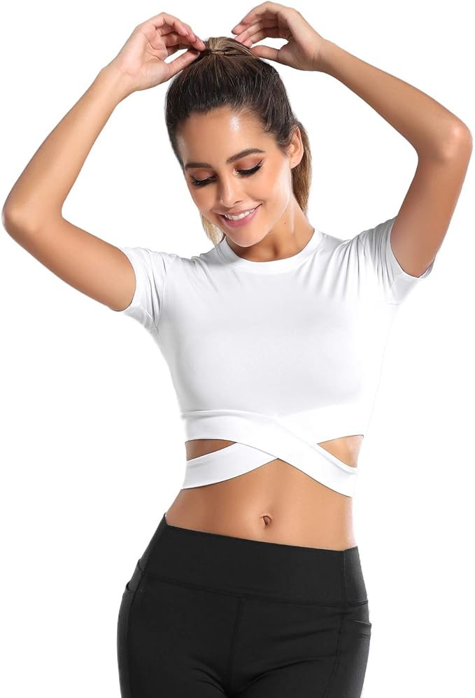 DREAM SLIM Women Crop Tops Tummy Cross Short Sleeve Yoga Running Shirts Gym Workout Tank Tops | Amazon (US)