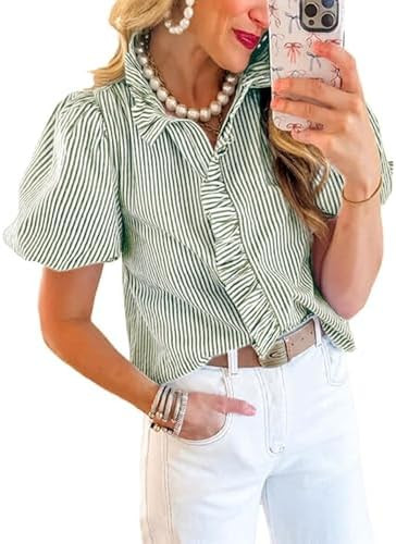 ETCYY Puff Sleeve Tops for Women Summer Striped Ruffle Tops Trendy Button Down Plaid Shirts Puffy... | Amazon (US)