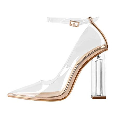 Richealnana Women s Clear Heels Pointed Toe Transparent PVC Ankle Strap with Buckle Pumps Block Chun | Walmart (US)