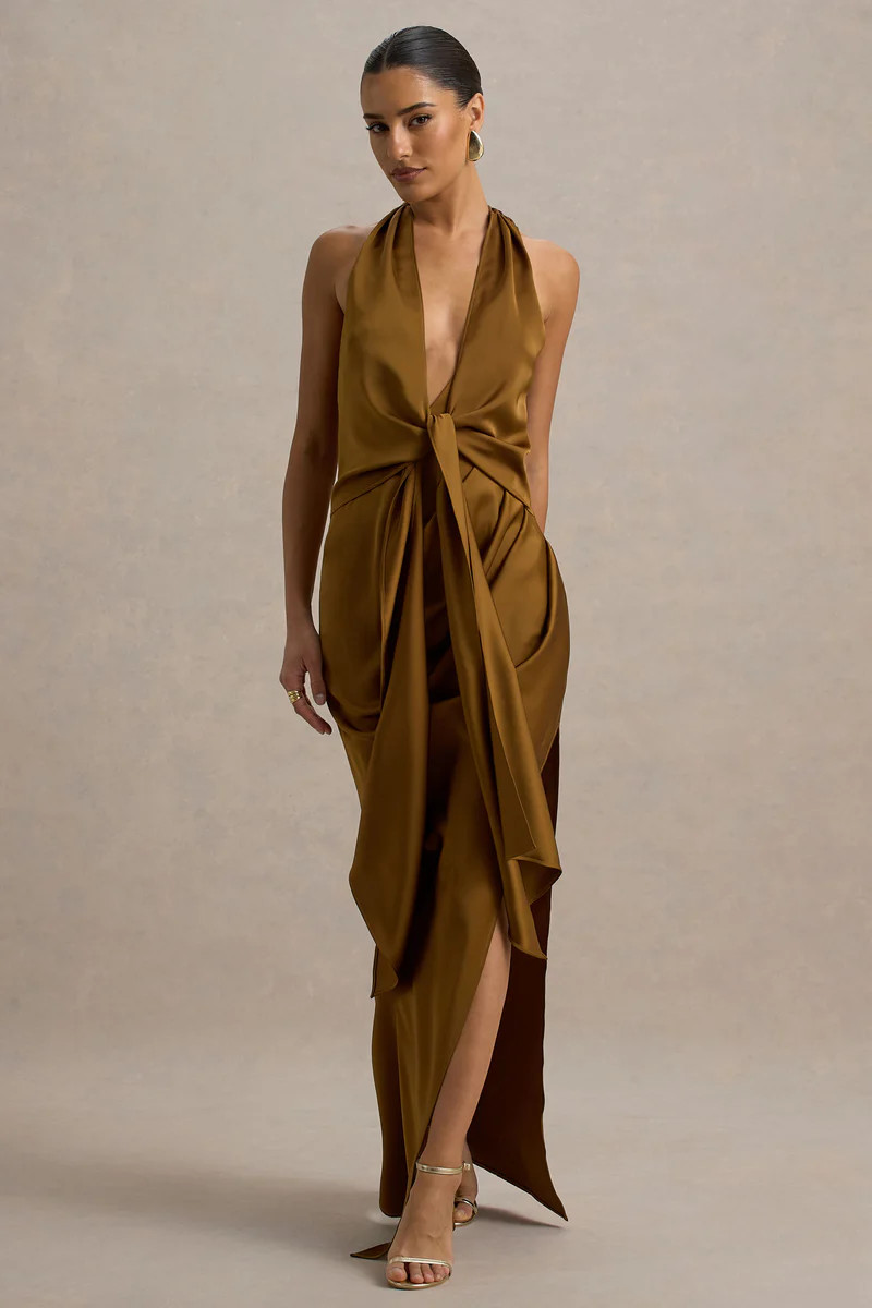 Lynette | Olive Satin Plunge-Neck Asymmetric Maxi Dress | Club L London