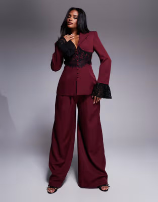 ASOS LUXE tailored wide leg pants in burgundy - part of a set | ASOS (Global)