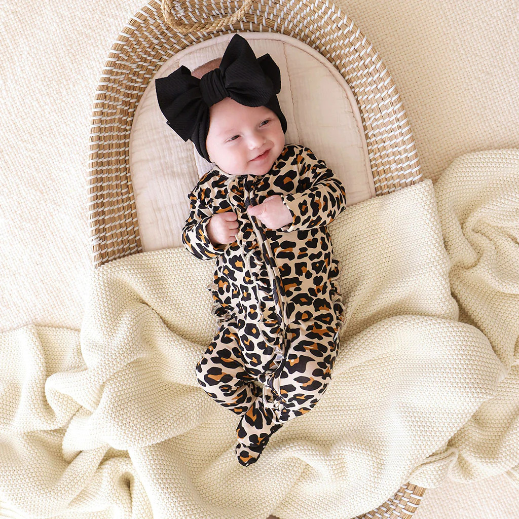 Lana Leopard Tan Footie Ruffled Zippered One Piece | Posh Peanut