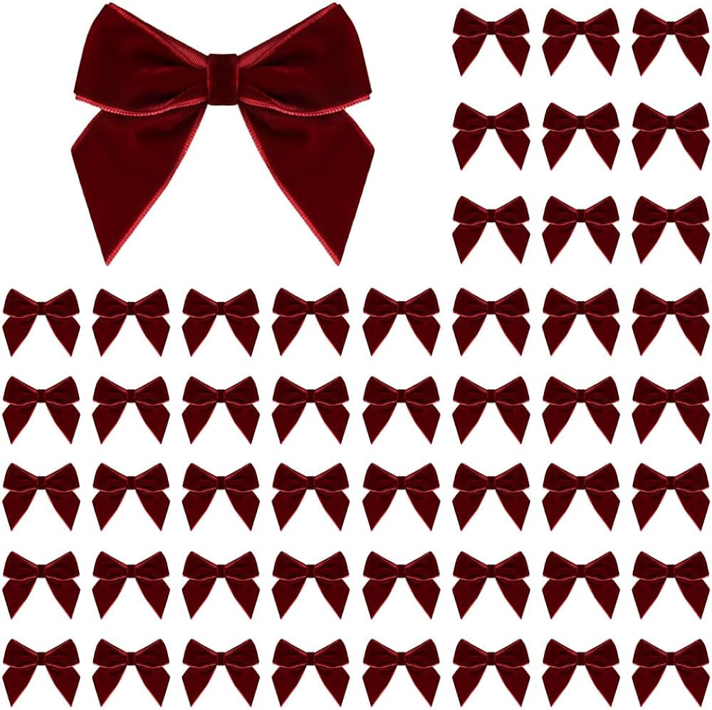 50 PCS Burgundy Velvet Bows for Christmas Tree, 2.75" Small Velvet Ribbon Bows for Gift Wrapping,... | Amazon (US)