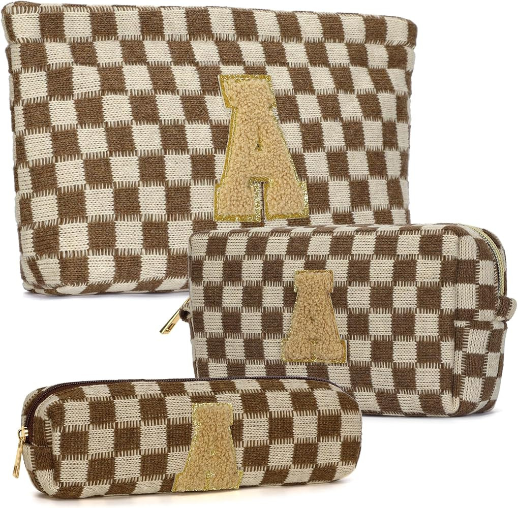 3 Pcs Makeup Bag Cosmetic bags for women Large Capacity Checkered Cosmetic Bag Canvas Travel Toil... | Amazon (US)
