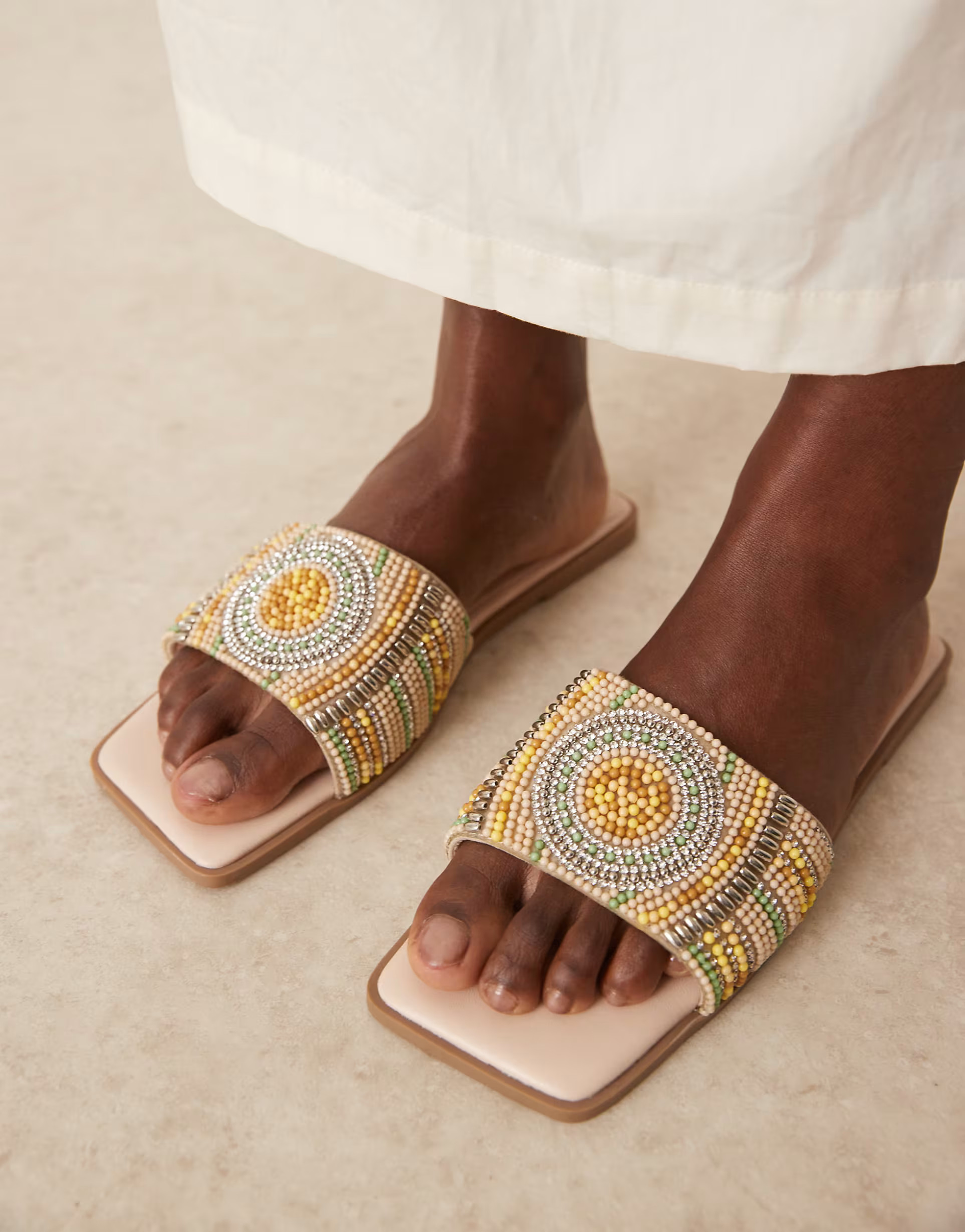 ASOS DESIGN Fig square toe flat mule sandals with beads in multi | ASOS | ASOS (Global)