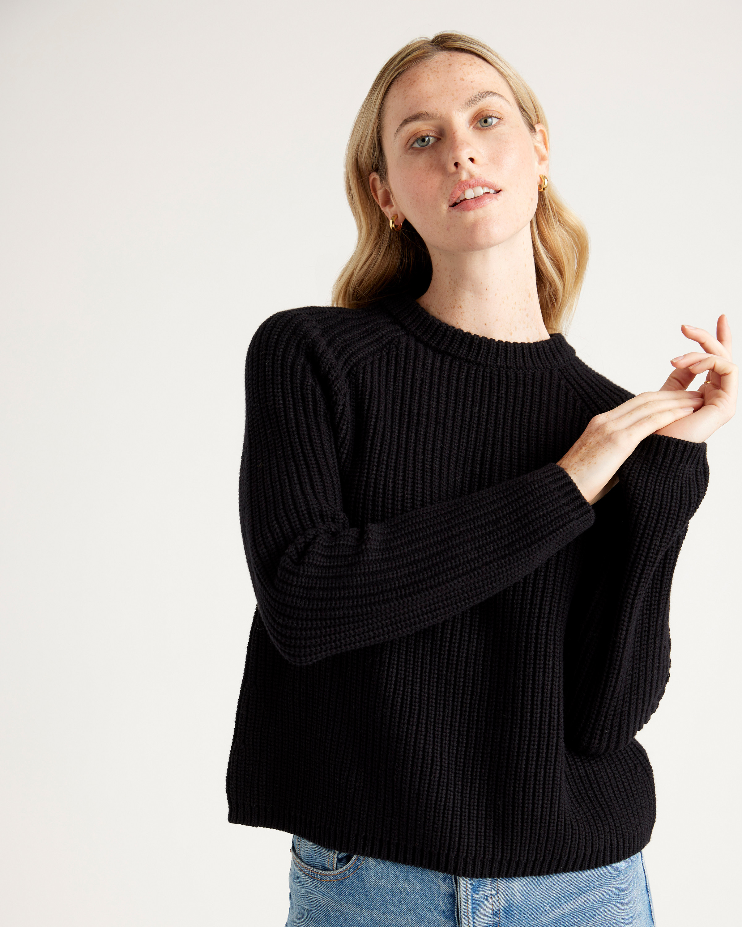 Quince | Women's Fisherman Crew Sweater in Black, Size XS, Organic Cotton | Quince