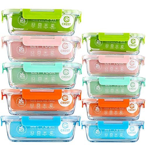[10-Pack] Glass Food Storage Containers (A Set of Five Colors), Meal Prep Containers with Lids for K | Amazon (US)