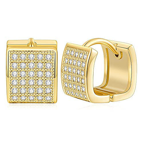 14K Gold Plated Hoop Earring Small CZ Square Huggies Hoops For Women, Minimalist Cute Earrings for Women Present | Amazon (US)