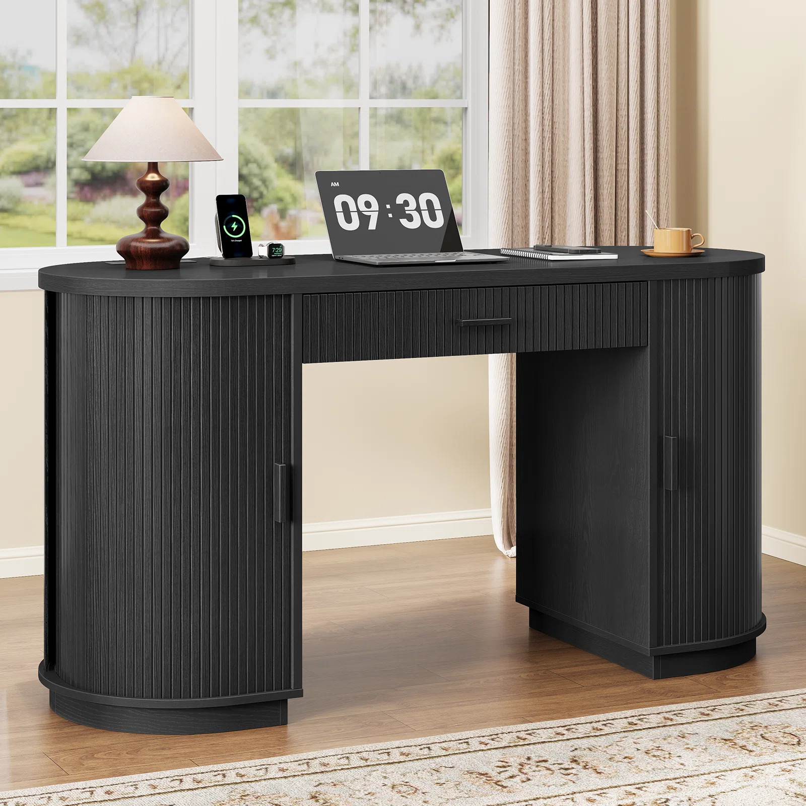 57.9'' Mid-Century Executive Desk With 2 Storage Cabinets With Tambour Sliding Doors, Wood Home O... | Wayfair North America