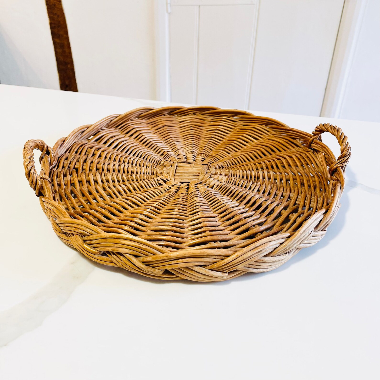 Vintage Wicker Woven Round Tray With Handles 32cm Diameter Display Boho MCM Tiki | Etsy (US)