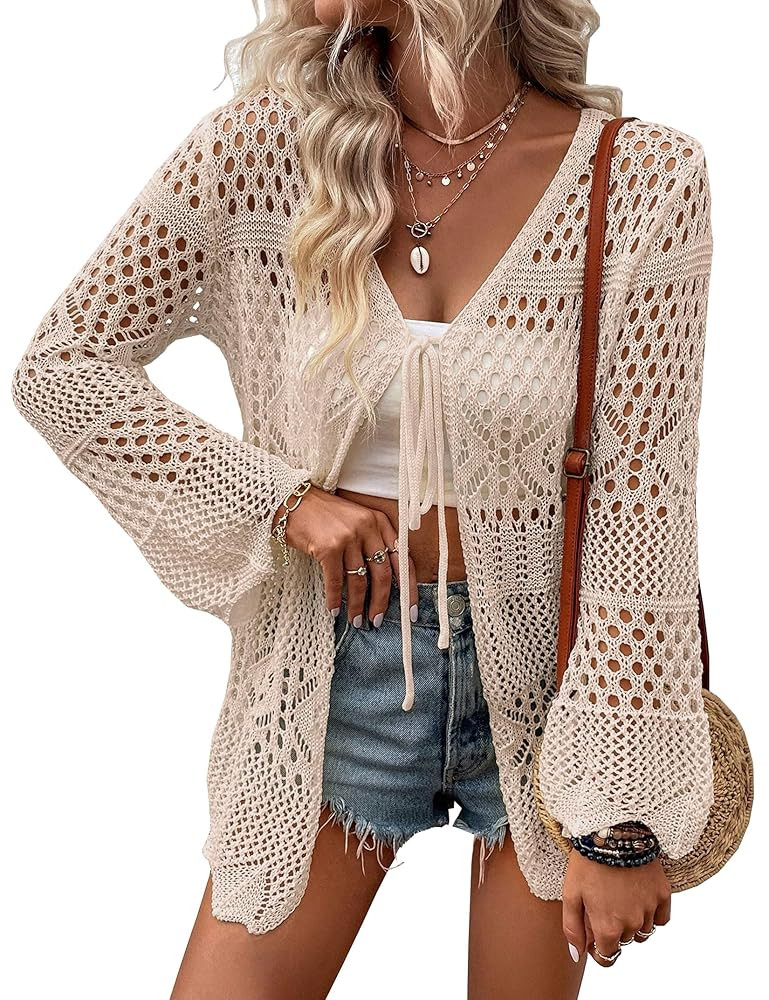 Women Crochet Cardigan Lightweight Tie Front Hollow Out Long Sleeves Summer Knit Cover Cardigans | Amazon (US)
