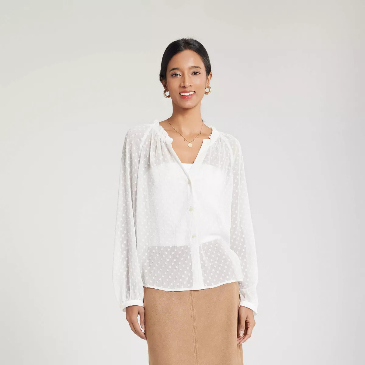 Women's Ruffled Neck Raglan Sleeves Blouse - A New Day™ | Target