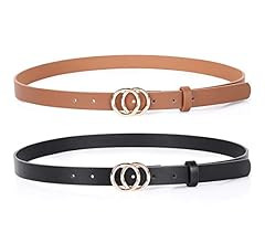 SANSTHS Double Ring Leather Belts for Women O-Style Gold Buckle Skinny Dress Belt 0.86 inch Width... | Amazon (US)