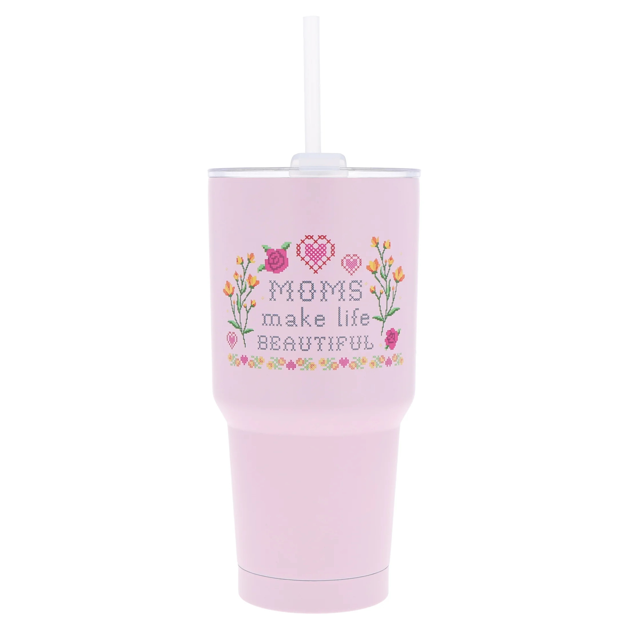 Moms Make Life Beautiful Stainless Steel Tumbler with Straw, Pink, 32 oz, Mother's Day by Way To ... | Walmart (US)