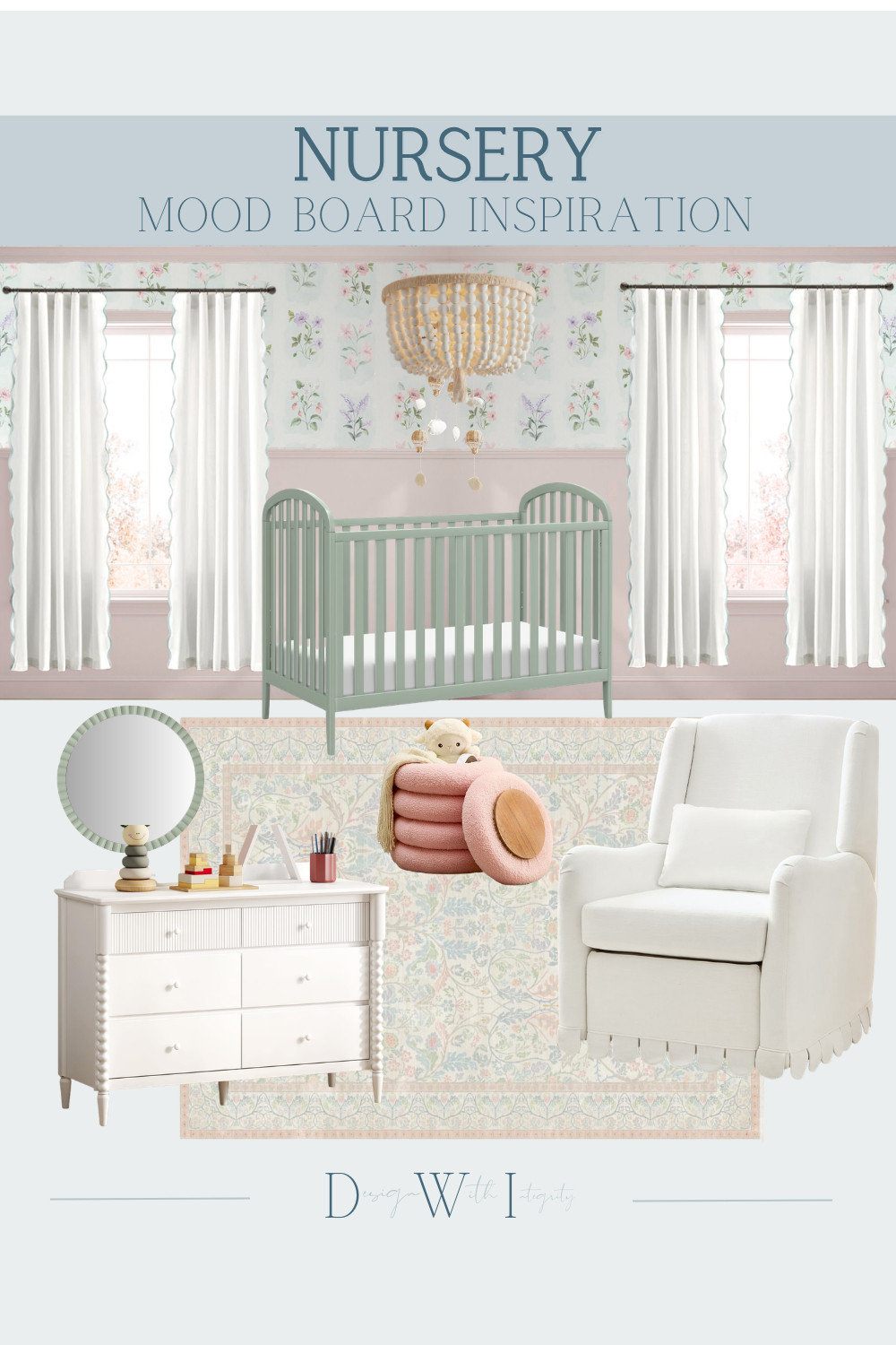 This nursery mood board blends soft sage green and blush tones for a space that feels whimsical, calming, and timeless. The arched sage crib adds a subtle pop of color while still keeping the palette soft and airy. Floral wallpaper, layered pastel tones, and warm textures create depth and charm, while the tailored glider and white dresser bring in practical elegance. Playful details like the knotted floor cushion and beaded chandelier give the room personality without overwhelming the design. The result is a nursery that feels cozy, elevated, and thoughtfully curated. Tap through to shop the nursery furniture, lighting, and decor selections.

#nurseryinspiration
#nurserydesign
#sagegreennursery
#floralnursery
#babyroomdesign

nursery mood board
sage green nursery
blush nursery decor
floral nursery design
arched crib
nursery dresser
nursery glider
baby girl nursery 

 #LTKHome