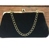 Vintage Black Velvet Clutch with Gold Metal Chain Link Handle and Kiss Clasp, Party Purse, Wedding Purse, Vintage Velvet Purse | Etsy (US)