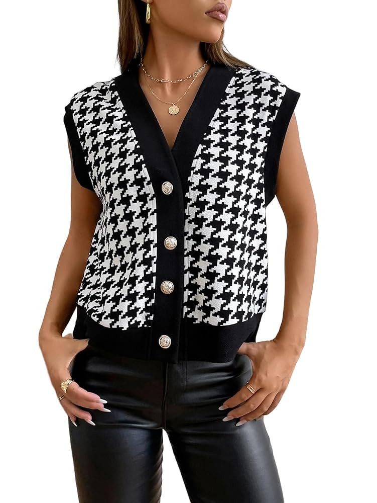 WDIRARA Women's Houndstooth Button Down V Neck Sleeveless Color Block Vest Jacket | Amazon (US)