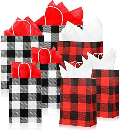 20 Pieces Christmas Paper Bags Buffalo Plaid Kraft Paper Bags Gift Bag with 20 Sheets Tissue Pape... | Amazon (US)