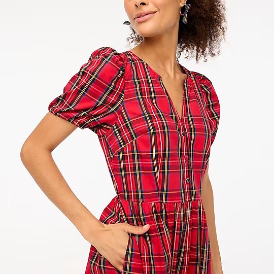 Petite cotton poplin tartan puff-sleeve dress | J.Crew Factory