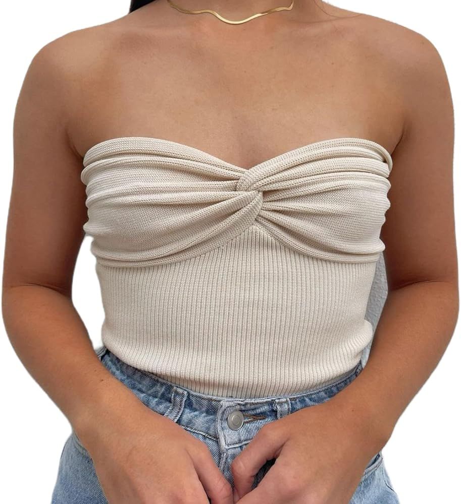 Women Sexy Strapless Tube Tops Sleeveless Stretchy Solid Hollow Out Crop Top Summer Streewear Tan... | Amazon (US)