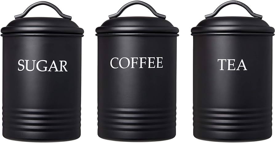 Kitchen Canister Set of 3 Sugar Coffee Tea with lids Food Storage, Black | Amazon (US)