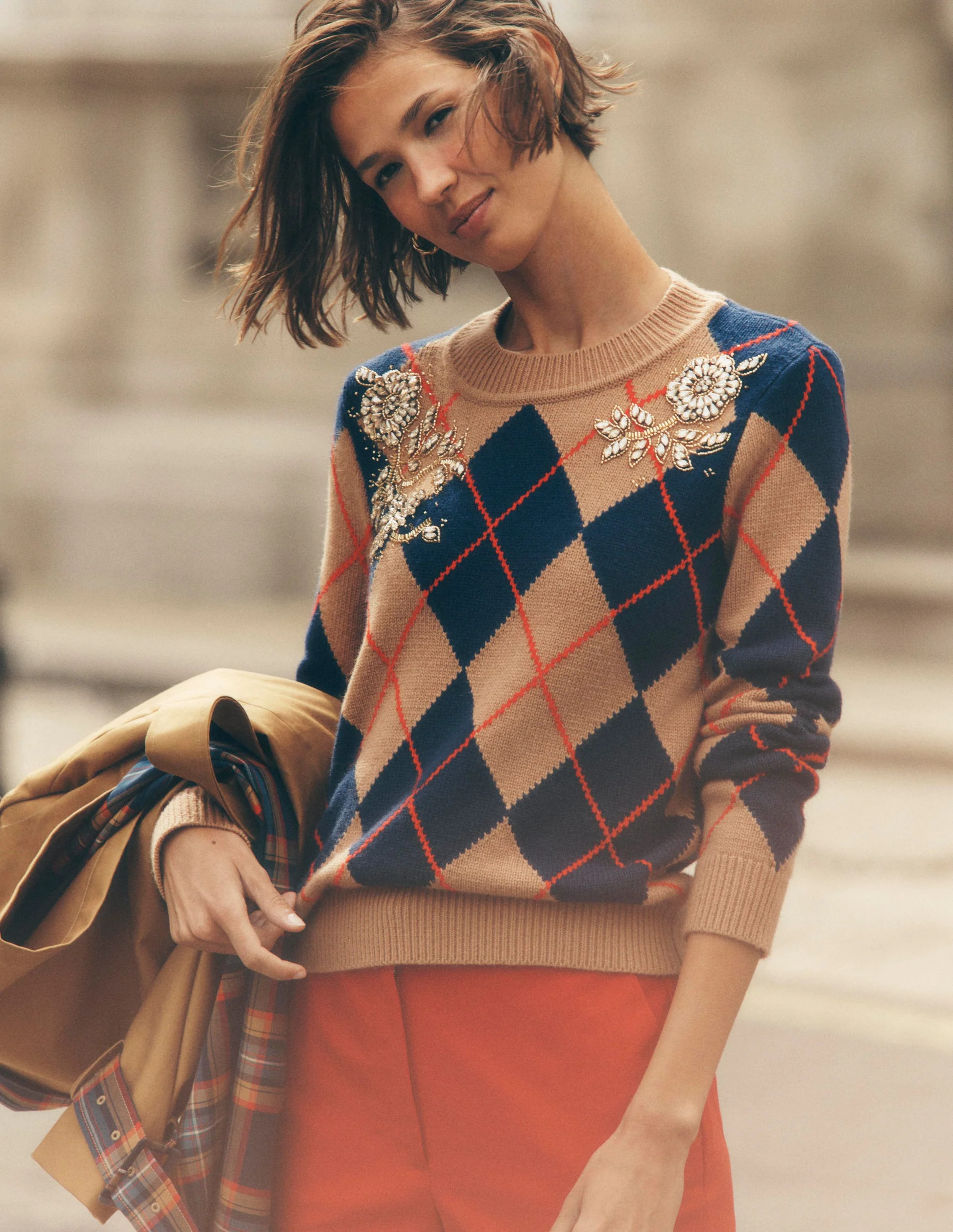 Embellished Jacquard Sweater-Camel Melange Argyle | Boden (US)