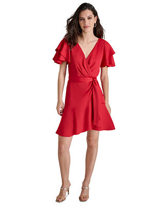DKNY Women's Flutter-Sleeve Faux-Wrap Dress - Macy's | Macy's