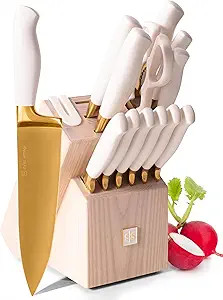 White and Gold Knife Set with Block Self-Sharpening – 14-Piece Titanium Coated Gold and White K... | Amazon (US)
