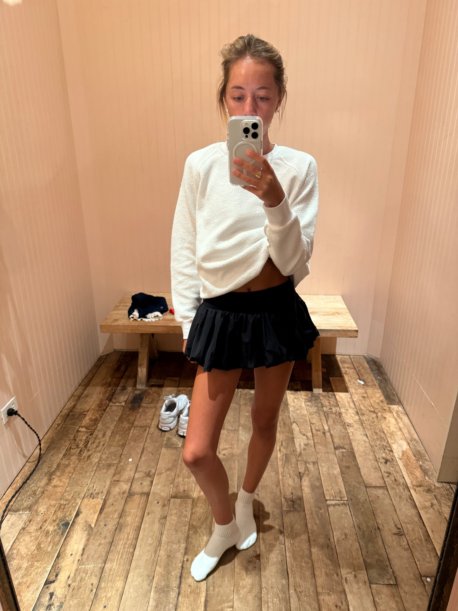 XS in skort 
Small in sweatshirt 

#LTKSummerEdit #LTKFindsUnder50 #LTKGiftGuide