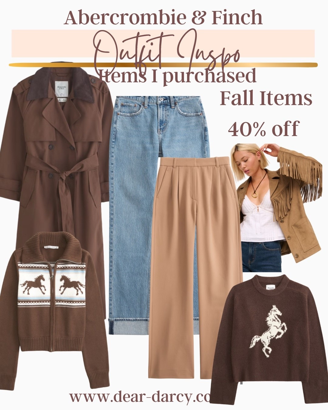 🚨Sale 
Abercrombie & Finch 
40% off Sale 

Pieces I purchased for Fsll 🍁🍂 I think you’ll love too!

Chocolate brown trench coat
I ordered my true size med

Best selling straight leg cuff mid rise jeans I ordered tall and one size up 28

Best selling trouser I ordered one size up (these are new to me for a trouser, I ordered tall and 1 size up) 

Zip up cardigan with horse detail ordered med 

Fringe suede jacket in suede I ordered med tts

Chocolate brown horse pullover knit sweater in a med 

I am so excited to style these pieces for fall 🍂🍁 and can’t wait to see how they fit. I’ll check back with you. 

Giving me the western Ralph Lauren Vibe




#LTKSaleAlert #LTKFallSale #LTKStyleTip