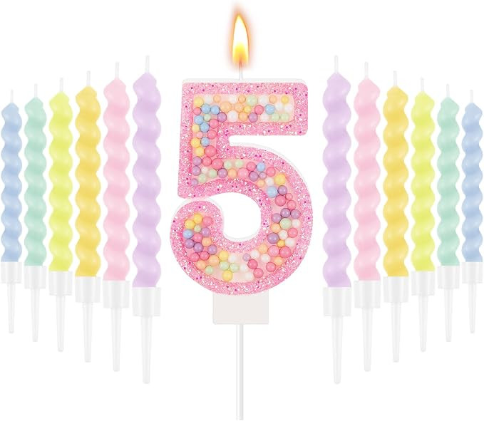 MTLEE Pink Macaron Number 5 Birthday Candle with 12 Rainbow Spiral Candles | Amazon (US)